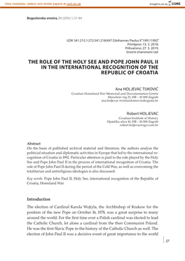 The Role of the Holy See and Pope John Paul II in the International Recognition of the Republic of Croatia