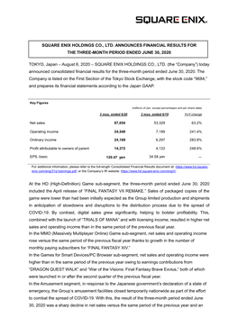 Press Release for the Three-Month Period Ended June 30, 2020