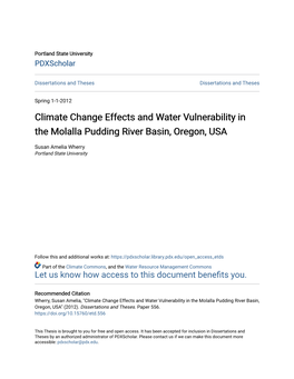 Climate Change Effects and Water Vulnerability in the Molalla Pudding River Basin, Oregon, USA