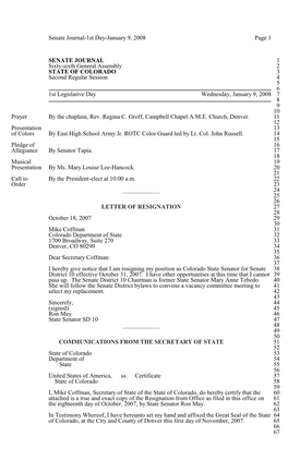 Senate Journal-1St Day-January 9, 2008 Page 1 SENATE JOURNAL 1