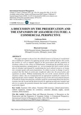 A Discussion on the Preservation and the Expansion of Assamese Culture: a Commercial Perspective