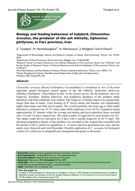 Biology and Feeding Behaviour of Ladybird, Clitostethus Arcuatus, the Predator of the Ash Whitefly, Siphoninus Phillyreae, in Fars Province, Iran