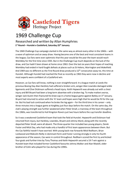 1969 Challenge Cup Researched and Written by Allan Humphries 1St Round – Hunslet V Castleford, Saturday 25Th January