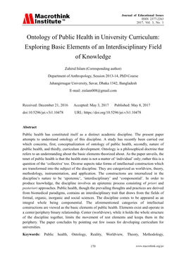 Ontology of Public Health in University Curriculum: Exploring Basic Elements of an Interdisciplinary Field of Knowledge