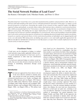 The Social Network Position of Lead Users* Jan Kratzer, Christopher Lettl, Nikolaus Franke, and Peter A