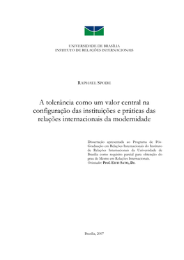 A Tolerância Como Um Valor Central Na Configuração Das Instituições E Práticas Das Relações Internacionais Da Modernidade