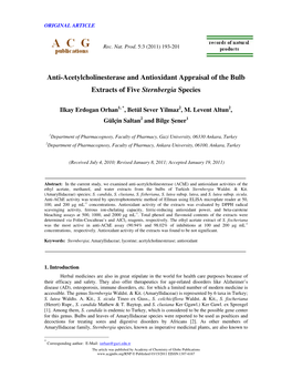 Anti-Acetylcholinesterase and Antioxidant Appraisal of the Bulb Extracts of Five Sternbergia Species