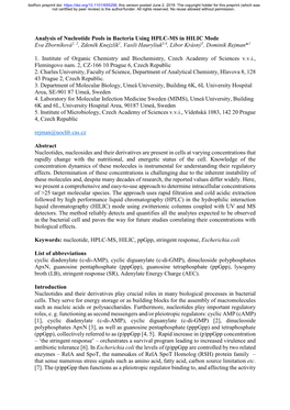Analysis of Nucleotide Pools in Bacteria Using HPLC-MS in HILIC Mode Eva Zborníková1, 2, Zdeněk Knejzlík1, Vasili Hauryliuk3,4, Libor Krásný5, Dominik Rejman*1