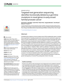 Targeted Next Generation Sequencing Identifies Functionally Deleterious Germline Mutations in Novel Genes in Early-Onset/ Familial Prostate Cancer