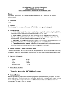 The Following Are the Minutes of a Meeting of Great Wishford Parish Council Held at St Giles Church on Thursday 26Th September 2019