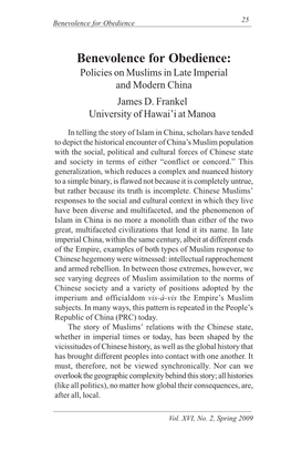 Benevolence for Obedience: Policies on Muslims in Late Imperial and Modern China James D