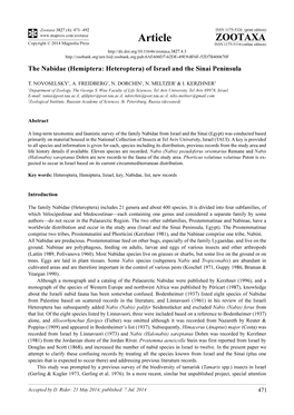 The Nabidae (Hemiptera: Heteroptera) of Israel and the Sinai Peninsula