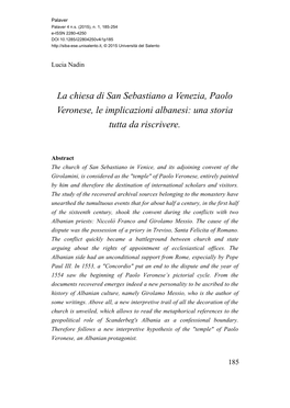 La Chiesa Di San Sebastiano a Venezia, Paolo Veronese, Le Implicazioni Albanesi: Una Storia Tutta Da Riscrivere