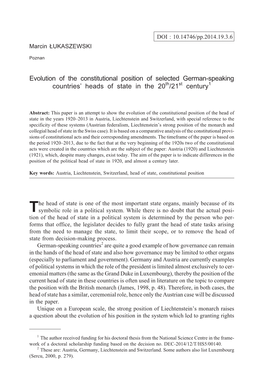 Evolution of the Constitutional Position of Selected German-Speaking Countries’ Heads of State in the 20Th/21St Century1