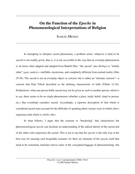 On the Function of the Epoche in Phenomenological Interpretations of Religion