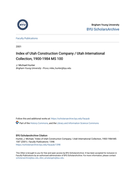 Index of Utah Construction Company / Utah International Collection, 1900-1984 MS 100