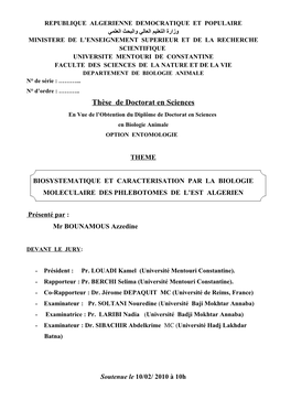 Thèse De Doctorat En Sciences En Vue De L’Obtention Du Diplôme De Doctorat En Sciences En Biologie Animale OPTION ENTOMOLOGIE