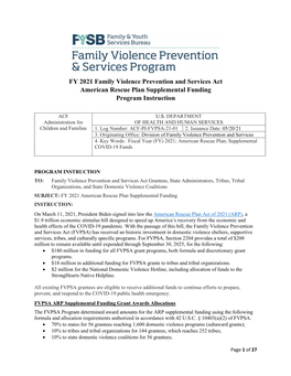 FY 2021 Family Violence Prevention and Services Act American Rescue Plan Supplemental Funding Program Instruction