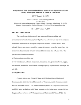 Comparison of Plant Species and Soil Traits at Sites Where Physaria Ludoviciana (Silvery Bladderpod) Is Present Or Absent in Three States