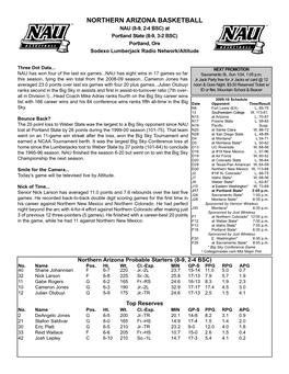 NORTHERN ARIZONA BASKETBALL NAU (8-9, 2-4 BSC) at Portland State (8-9, 3-2 BSC) Portland, Ore Sodexo Lumberjack Radio Network/Altitude