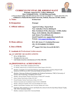 CURRICULUM VITAE: DR. KRISHAN KANT Principal, Aggarwal P.G