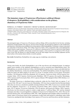 The Immature Stages of Tropisternus (Pleurhomus) Sahlbergi (Sharp) (Coleoptera: Hydrophilidae), with Considerations on the Primary Chaetotaxy of Tropisternus Solier