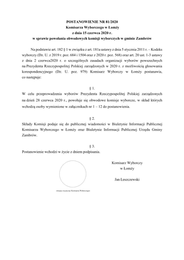 POSTANOWIENIE NR 81/2020 Komisarza Wyborczego W Łomży Z Dnia 15 Czerwca 2020 R