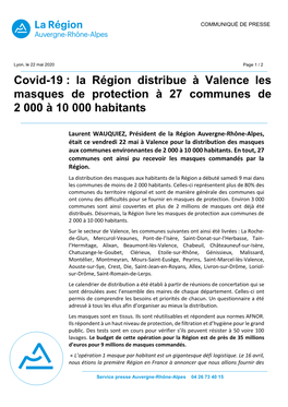 Covid-19 : La Région Distribue À Valence Les Masques De Protection À 27 Communes De 2 000 À 10 000 Habitants