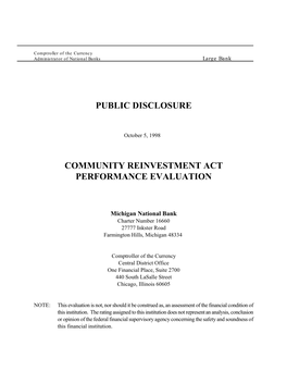 Public Disclosure Community Reinvestment Act