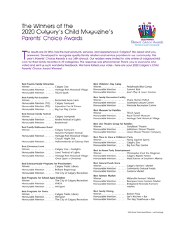 The Winners of the 2020 Calgary's Child Magazine's Parents' Choice