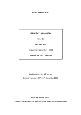 INSPECTION REPORT HERNE BAY HIGH SCHOOL Herne Bay LEA