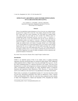 Effects of Caryophyllaeid Cestode Infestations on Clarias Batrachus (Linn.)