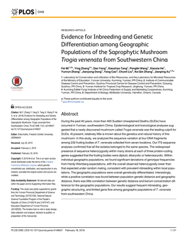Evidence for Inbreeding and Genetic Differentiation Among Geographic Populations of the Saprophytic Mushroom Trogia Venenata from Southwestern China