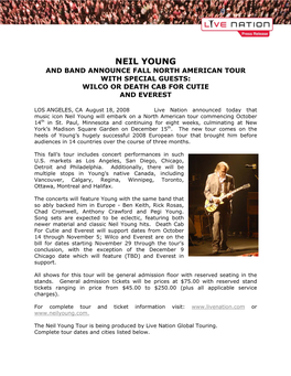 Neil Young and Band Announce Fall North American Tour with Special Guests: Wilco Or Death Cab for Cutie and Everest