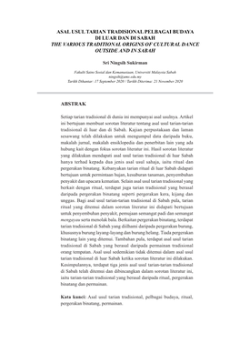Asal Usul Tarian Tradisional Pelbagai Budaya Di Luar Dan Di Sabah the Various Traditional Origins of Cultural Dance Outside and in Sabah