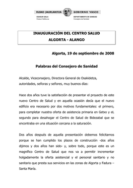 Inauguración Del Centro Salud Algorta - Alango