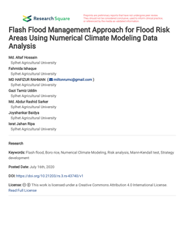 Flash Flood Management Approach for Flood Risk Areas Using Numerical Climate Modeling Data Analysis