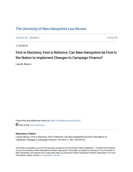 First in Elections, First in Reforms: Can New Hampshire Be First in the Nation to Implement Changes to Campaign Finance?