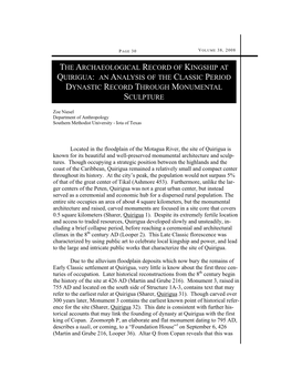 The Archaeological Record of Kingship at Quirigua: an Analysis of the Classic Period Dynastic Record Through Monumental Sculpture