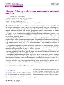 Influence of Tribology on Global Energy Consumption, Costs and Emissions