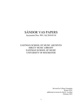 SÁNDOR VAS PAPERS Accession Nos