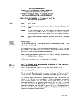 District of Saanich Minutes of the Special Council Meeting Held in the Council Chambers Saanich Municipal Hall, 770 Vernon Avenu