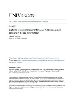 Yield Management Concepts in the Spa Industry Today