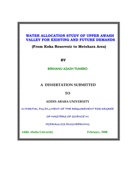 WATER ALLOCATION STUDY of UPPER AWASH VALLEY for EXISTING and FUTURE DEMANDS (From Koka Reservoir to Metehara Area)