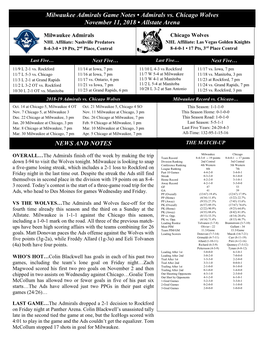 Milwaukee Admirals Game Notes • Admirals Vs. Chicago Wolves November 11, 2018 • Allstate Arena NEWS and NOTES