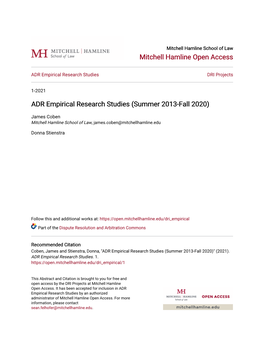 ADR Empirical Research Studies (Summer 2013-Fall 2020)
