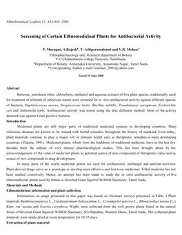 Screening of Certain Ethnomedicinal Plants for Antibacterial Activity