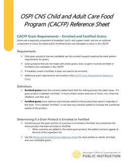 OSPI CNS Child and Adult Care Food Program (CACFP) Reference Sheet