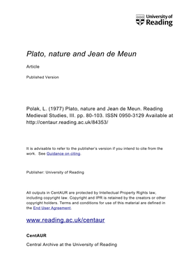 Plato, Nature and Jean De Meun