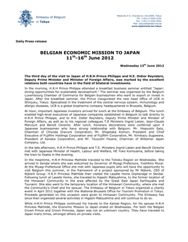 BELGIAN ECONOMIC MISSION to JAPAN 11Th-16Th June 2012